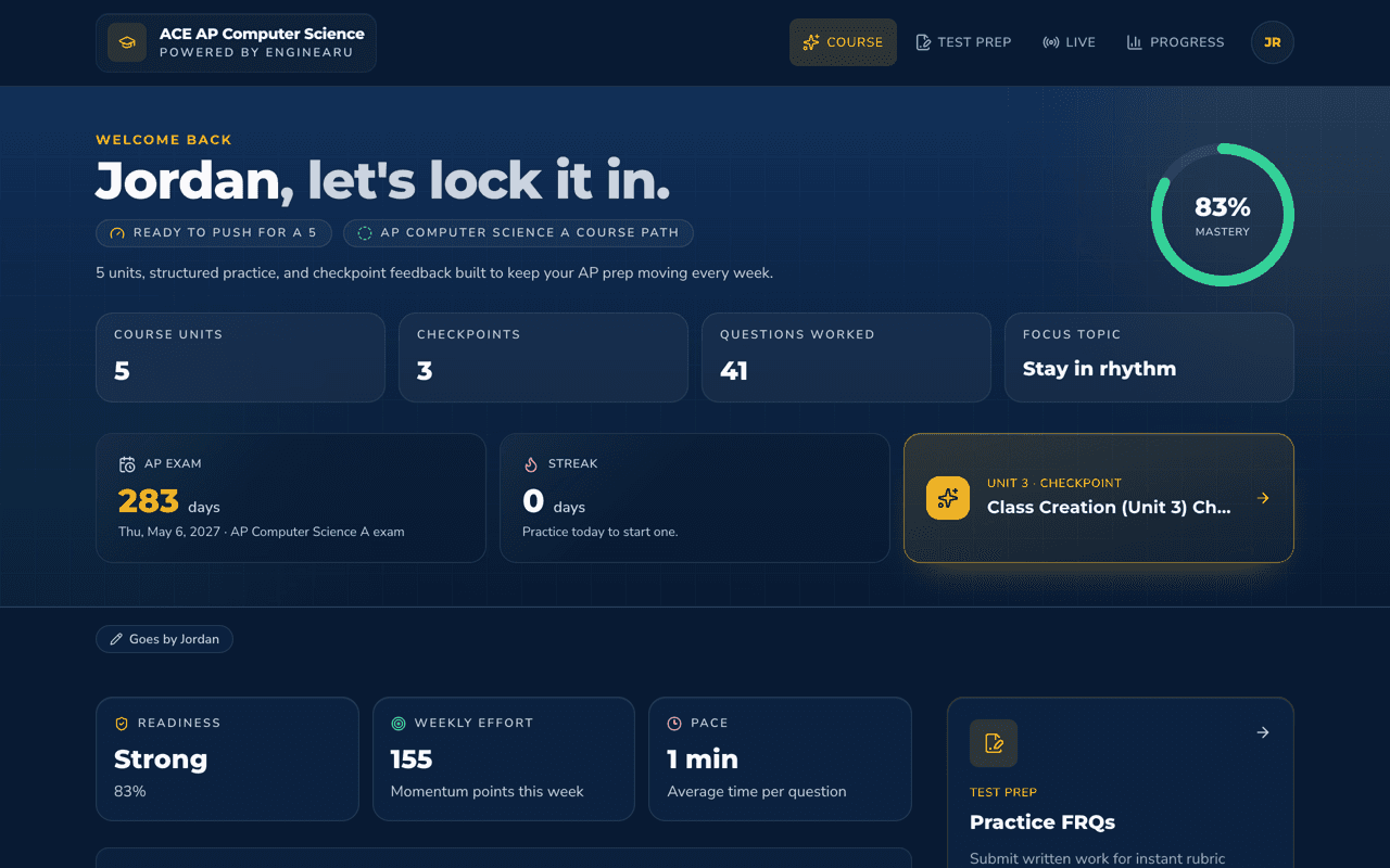Student dashboard showing mastery, checkpoints completed, and the next checkpoint to take.